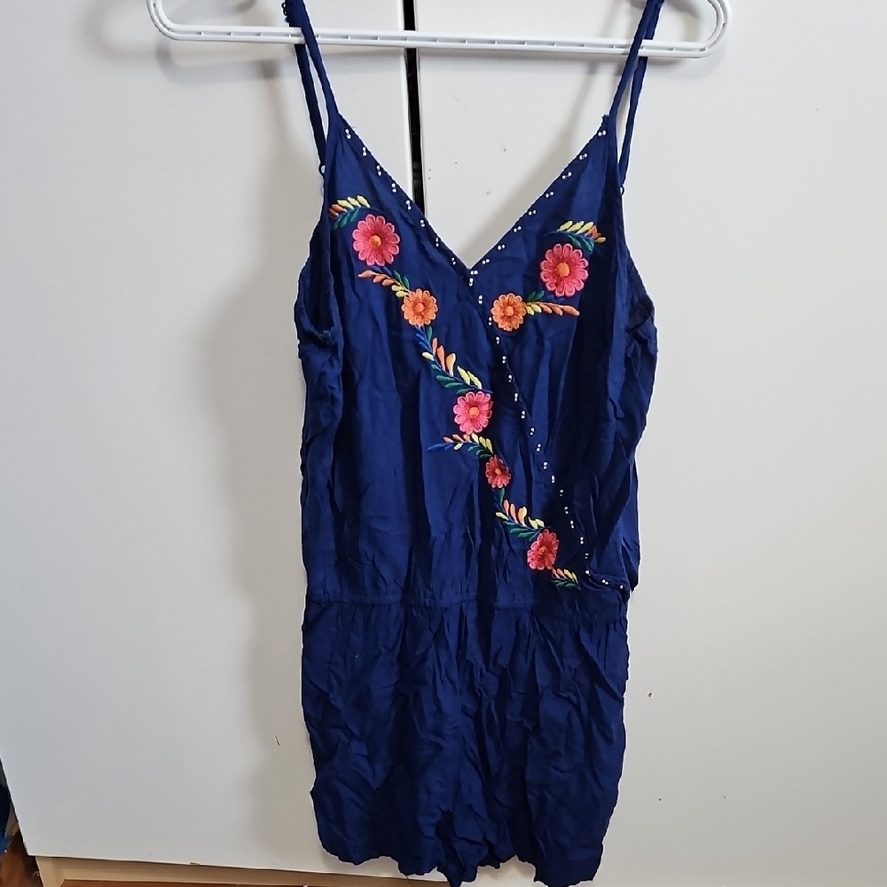 Navy Blue Floral Embroidered Romper